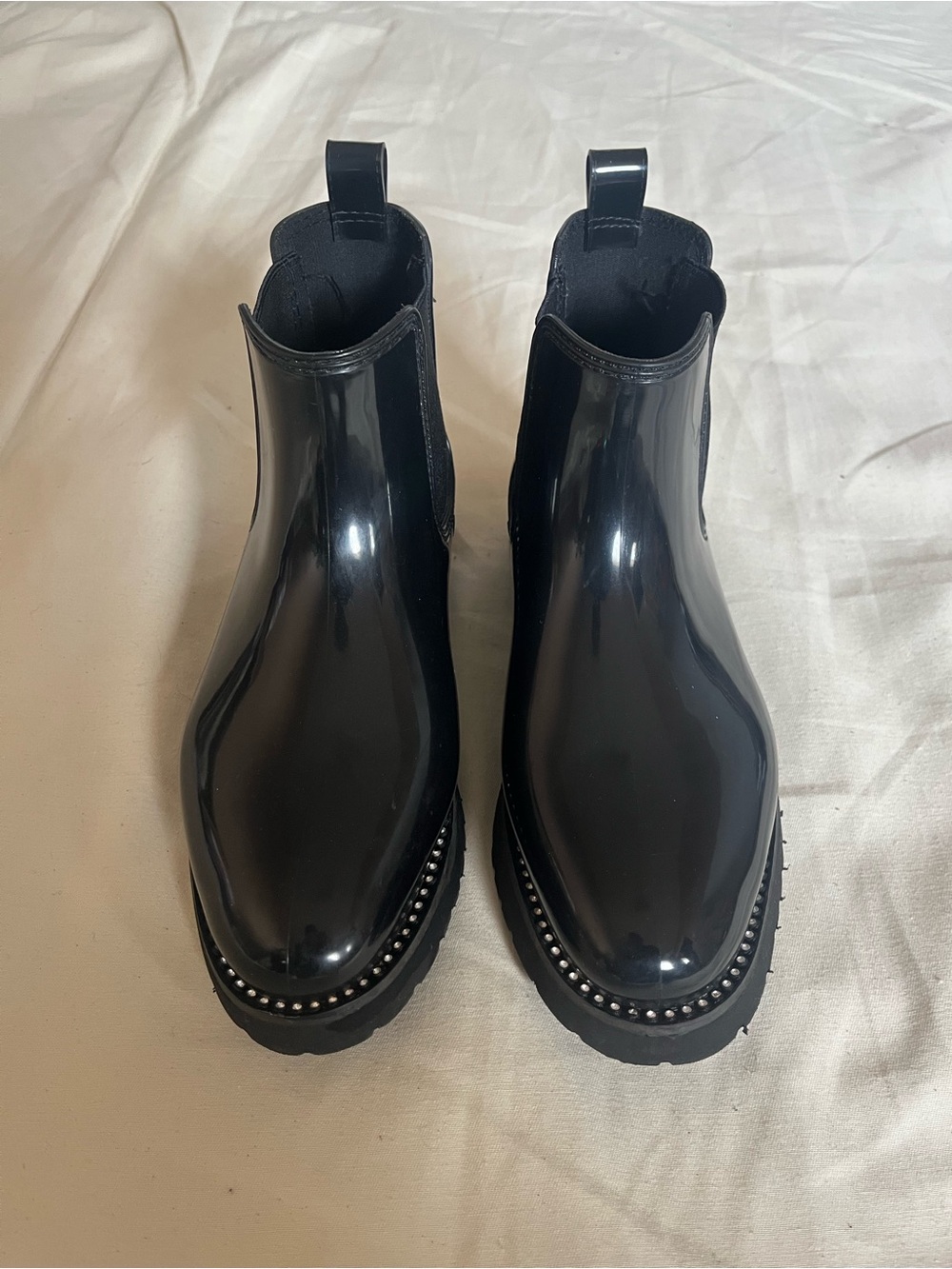 Women’s Black Chelsea Cougar Rain Boots with Studded Trim. Size 7
